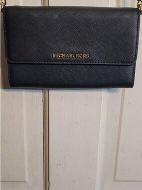 Michael Kors Black Leather Crossbody Wallet with Gold Logo